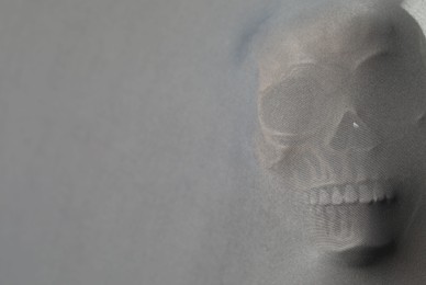 Photo of Silhouette of creepy ghost with skull behind cloth, space for text