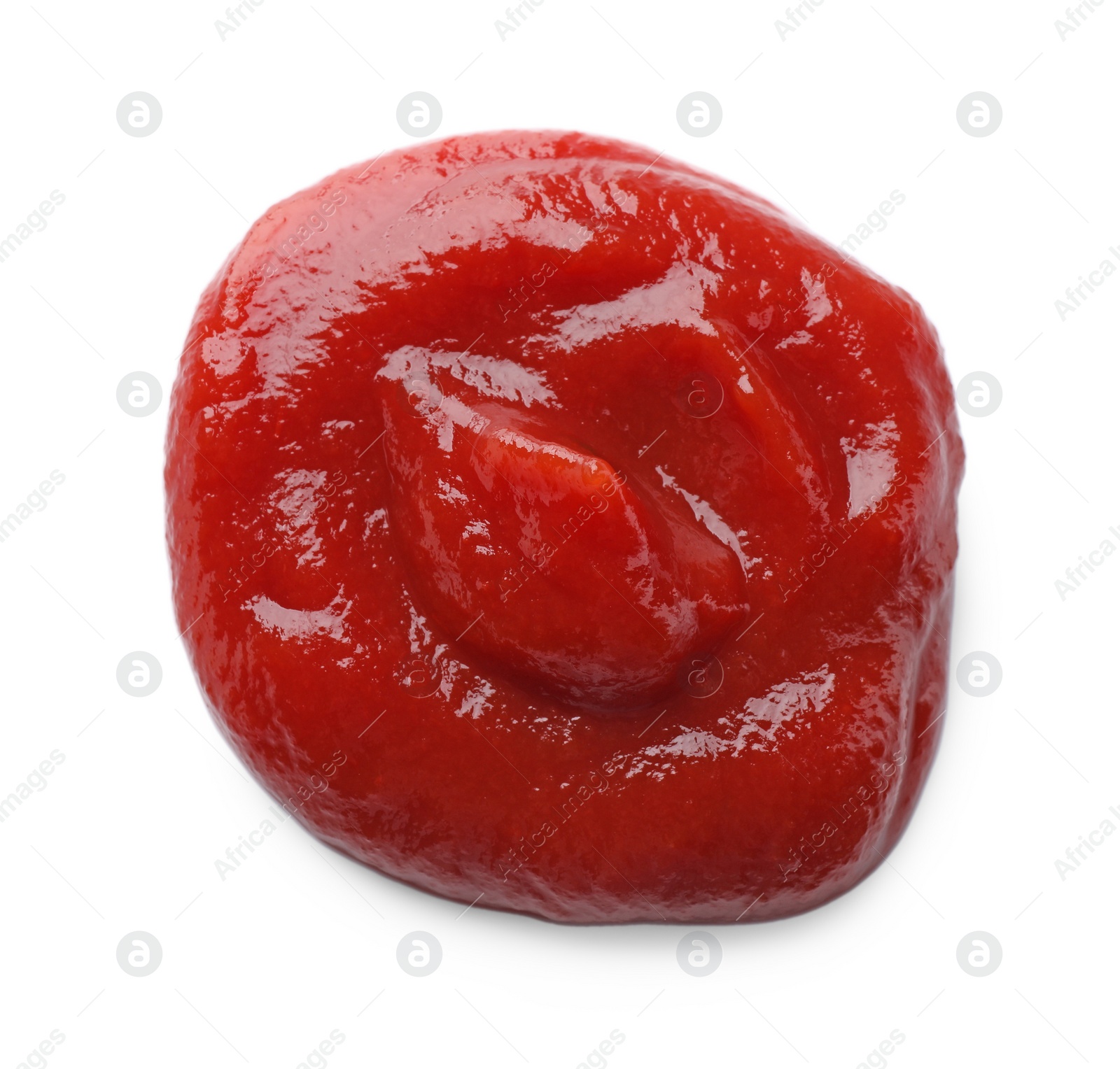 Photo of Tasty ketchup isolated on white, top view