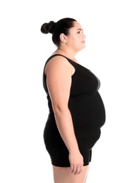 Photo of Fat woman on white background. Weight loss