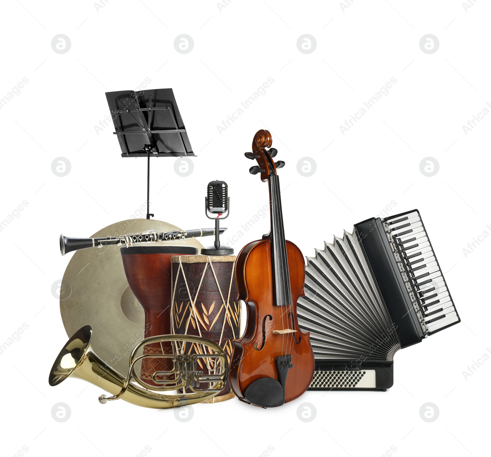 Image of Group of different musical instruments on white background