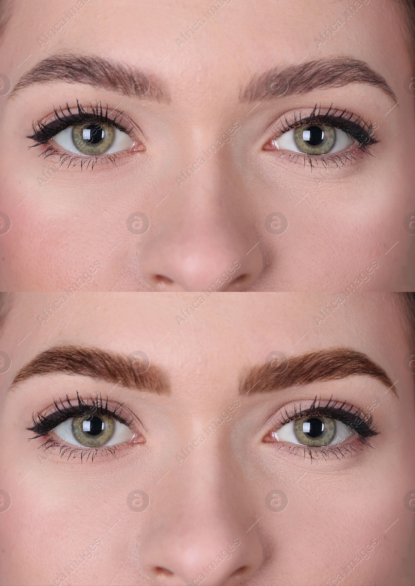 Image of Collage with photos of woman before and after eyebrows dyeing with henna, closeup