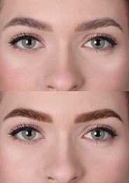 Image of Collage with photos of woman before and after eyebrows dyeing with henna, closeup