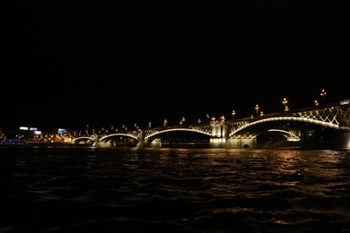 BUDAPEST, HUNGARY - APRIL 27, 2019: Beautiful night cityscape with illuminated Margaret Bridge across Danube river