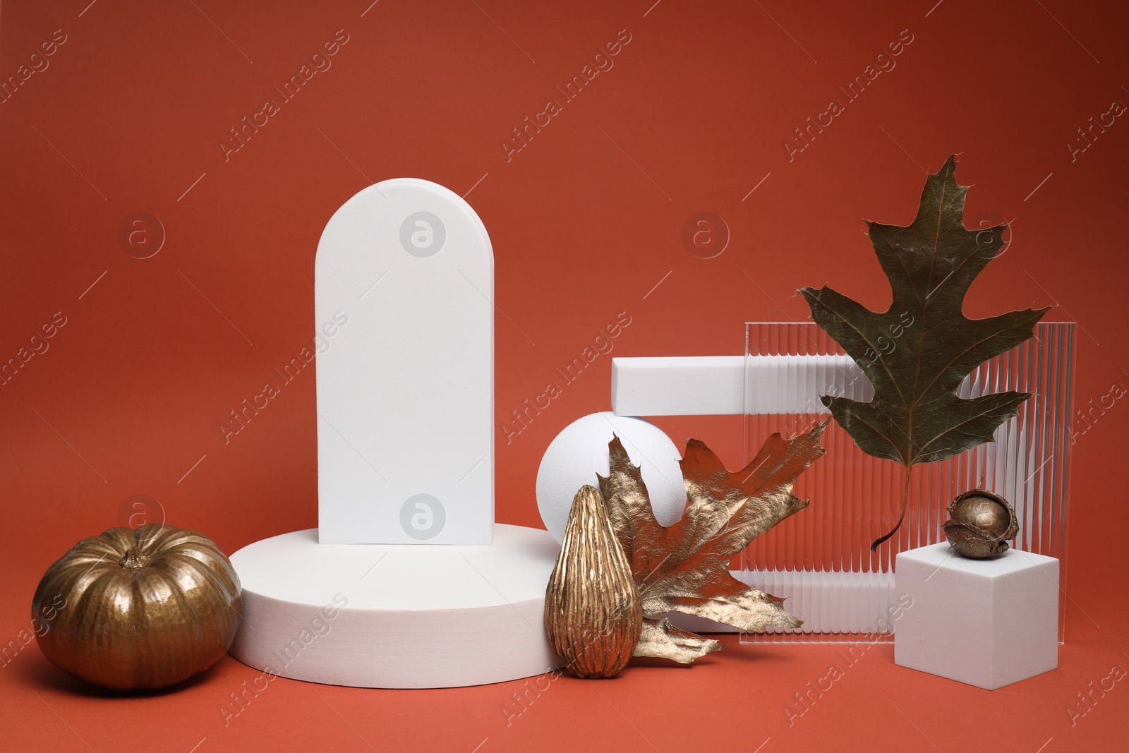 Photo of Autumn presentation for product. Geometric figures and golden decorative elements on terracotta background