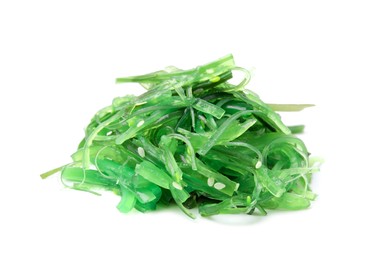 Photo of Pile of tasty seaweed salad isolated on white