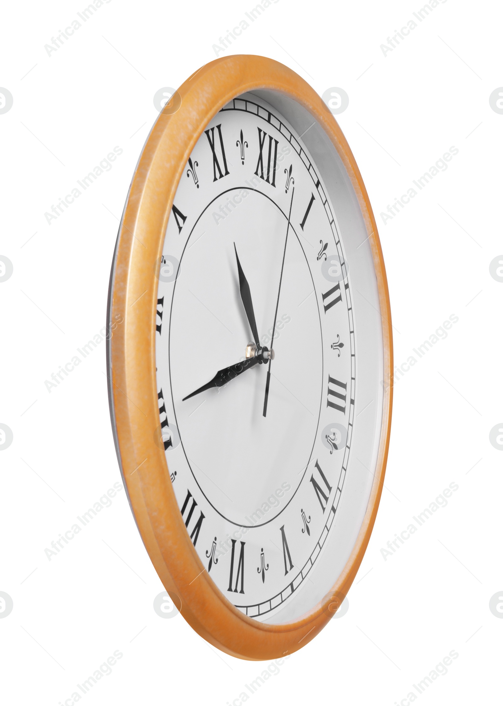 Photo of Stylish round clock isolated on white. Interior element