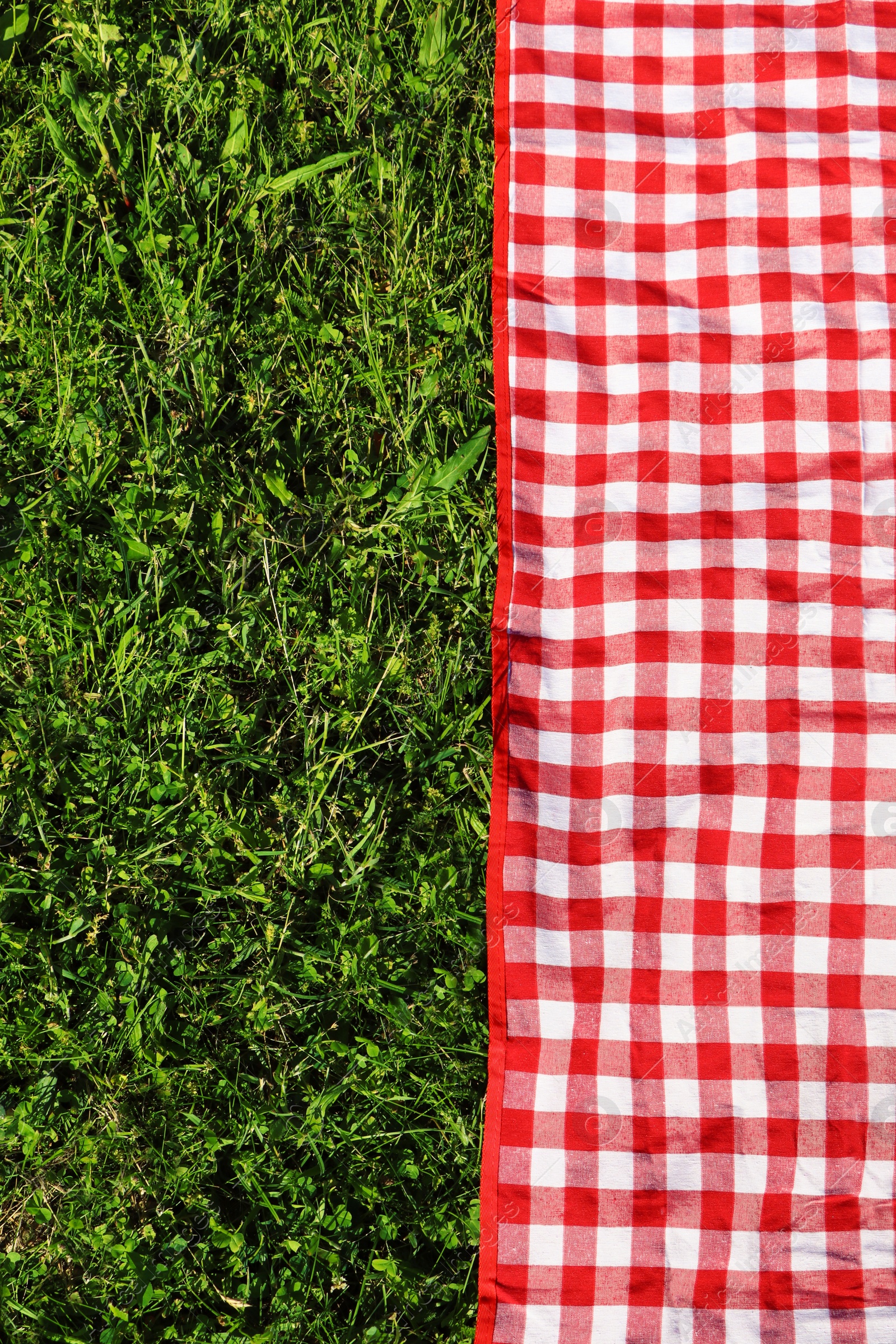 Photo of Checkered picnic tablecloth on fresh green grass, top view. Space for text