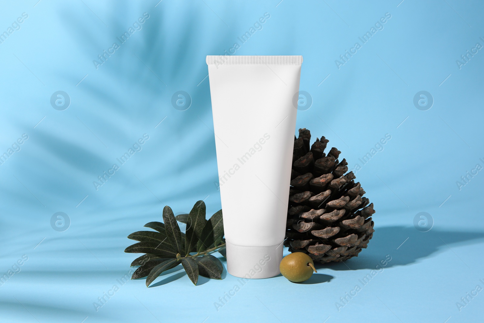 Photo of Tube of cream, olive and cone on light blue background. Cosmetic products