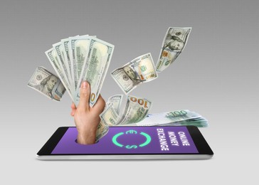 Image of Online money exchange. Mobile phone application and euro banknotes on grey background. Hand with dollars sticking out of device
