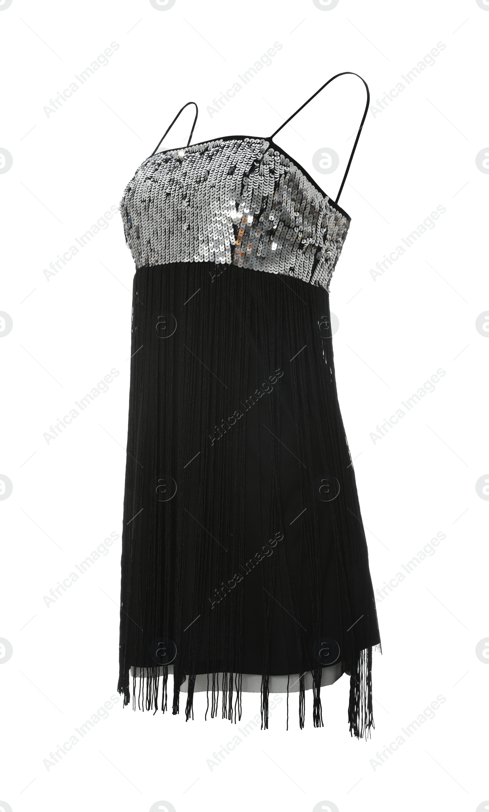 Photo of Beautiful short black party dress with paillettes on white background