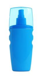 Photo of Blue bottle with sunscreen spray on white background. Cosmetic product