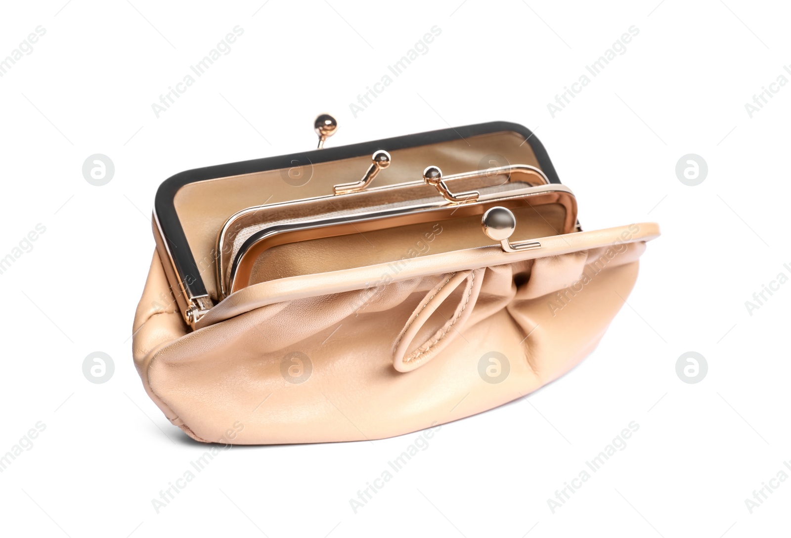 Photo of Stylish beige leather purse isolated on white