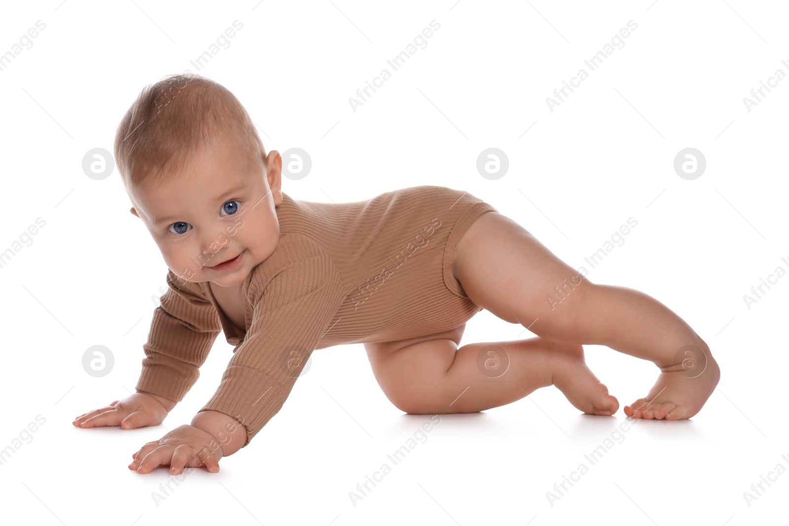 Photo of Cute little baby crawling on white background