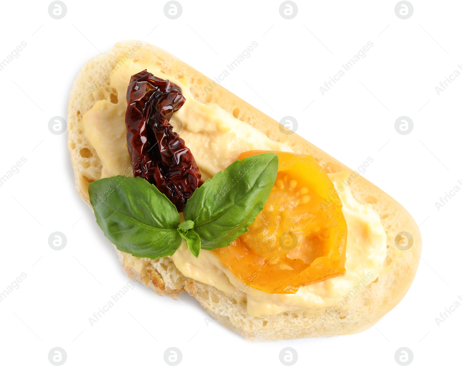 Photo of Tasty fresh tomato bruschetta on white background, top view