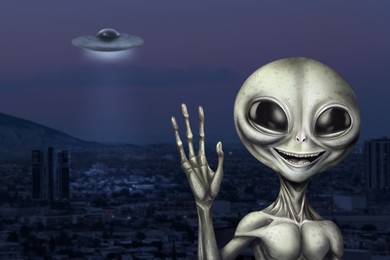 Image of Alien and flying saucer at city. UFO, extraterrestrial visitors