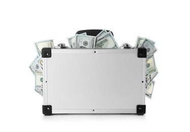 Photo of Modern suitcase full of money on white background