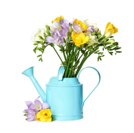 Photo of Watering can with fresh freesia flowers isolated on white