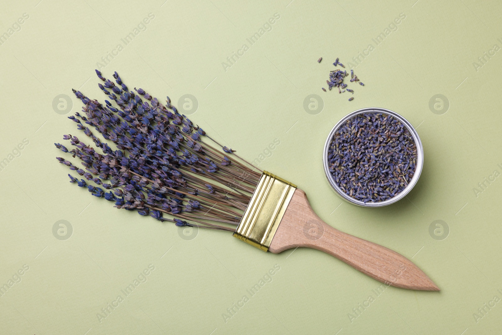 Photo of Creative flat lay composition with paint brush and lavender flowers on light green background