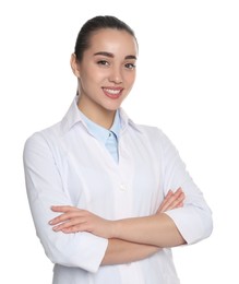 Portrait of beautiful young doctor on white background