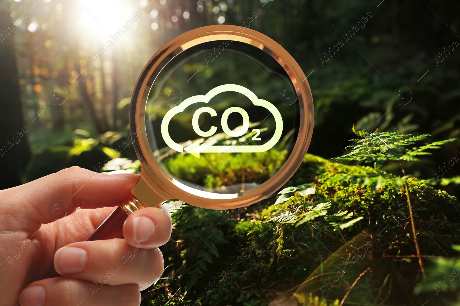 Image of Concept of clear air. Woman demonstrating CO2 inscription through magnifying glass outdoors, closeup