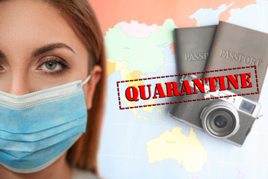 Image of Stop travelling during coronavirus quarantine. Woman with medical mask