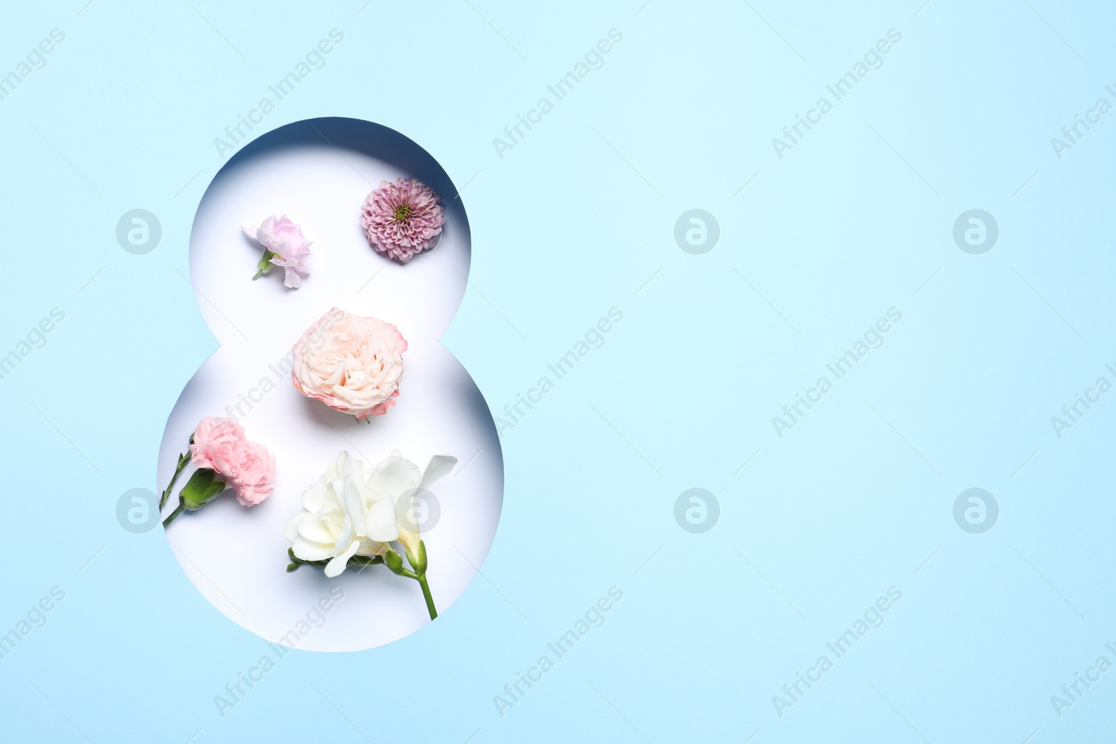 Photo of 8 March greeting card design with different flowers and space for text, top view. Happy International Women's Day