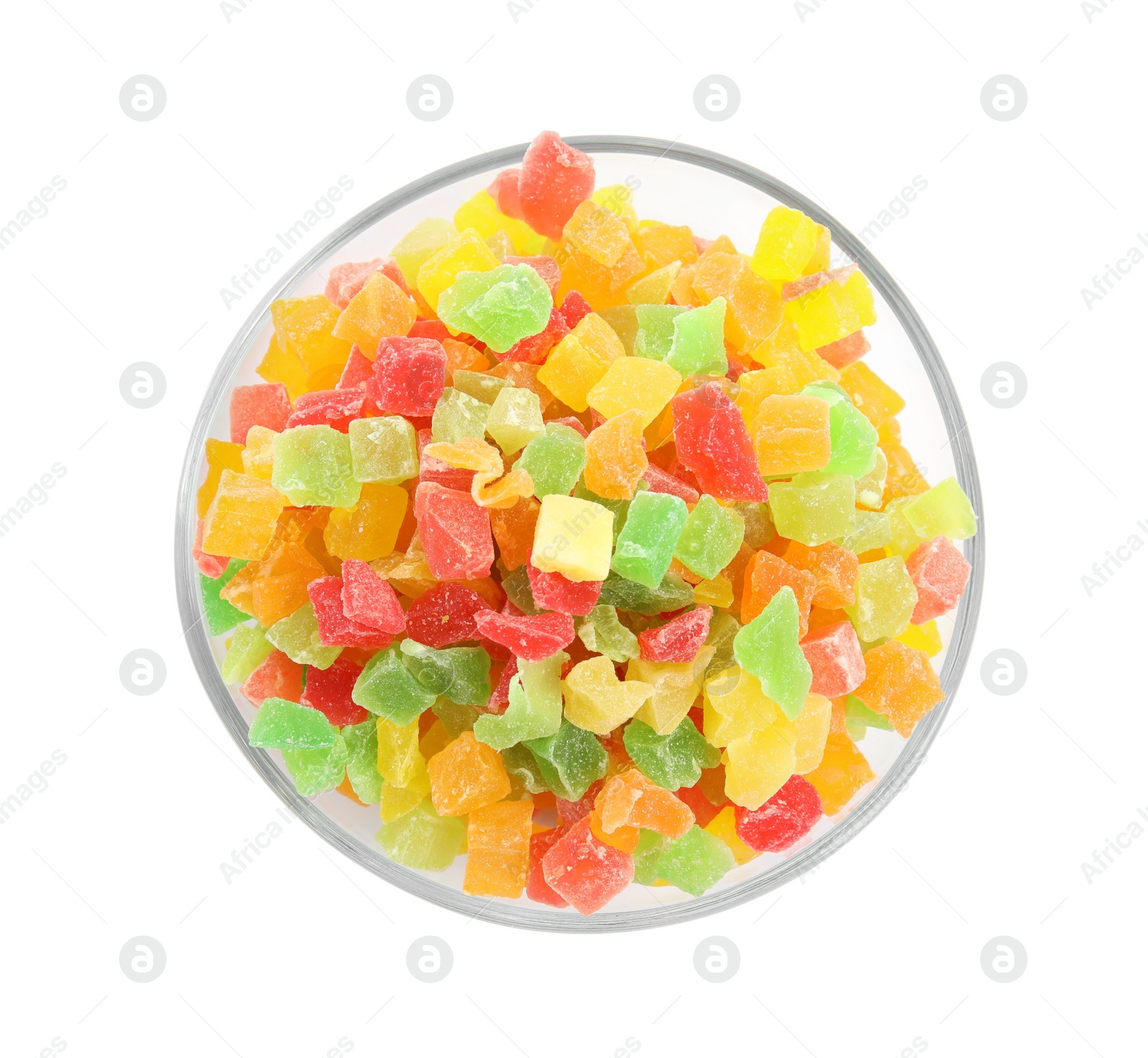 Photo of Mix of delicious candied fruits in bowl isolated on white, top view