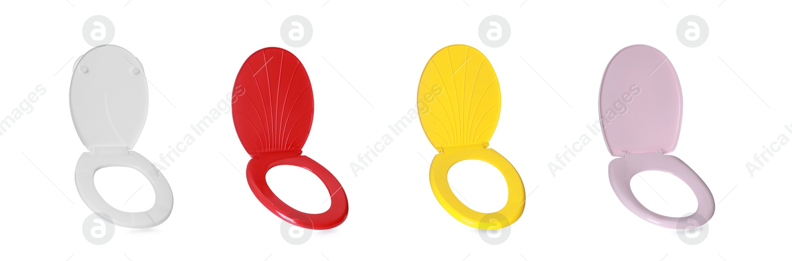 Image of Set with different plastic toilet seats on white background. Banner design