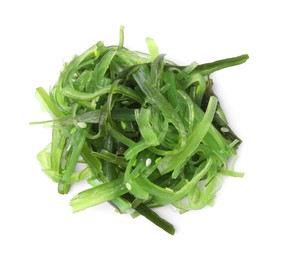 Photo of Tasty seaweed salad isolated on white, top view