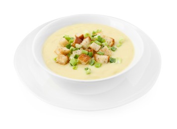 Photo of Tasty potato soup with croutons and green onion in bowl isolated on white