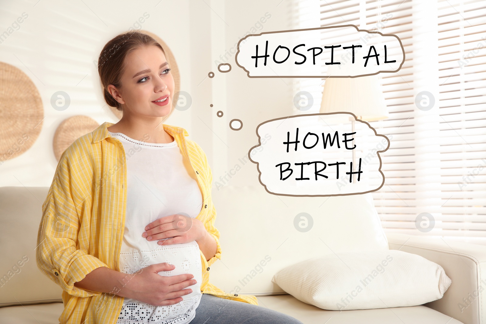 Image of Young pregnant woman on sofa at home. Choice between Hospital and Home Birth