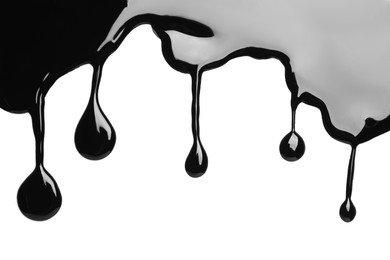 Photo of Black glossy paint spilled on white background, top view