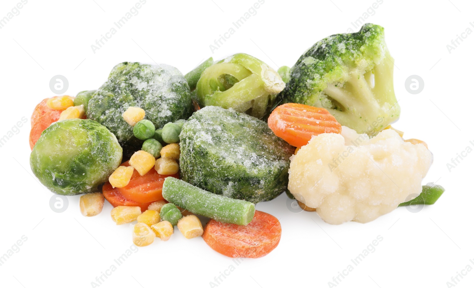 Photo of Mix of different frozen vegetables isolated on white