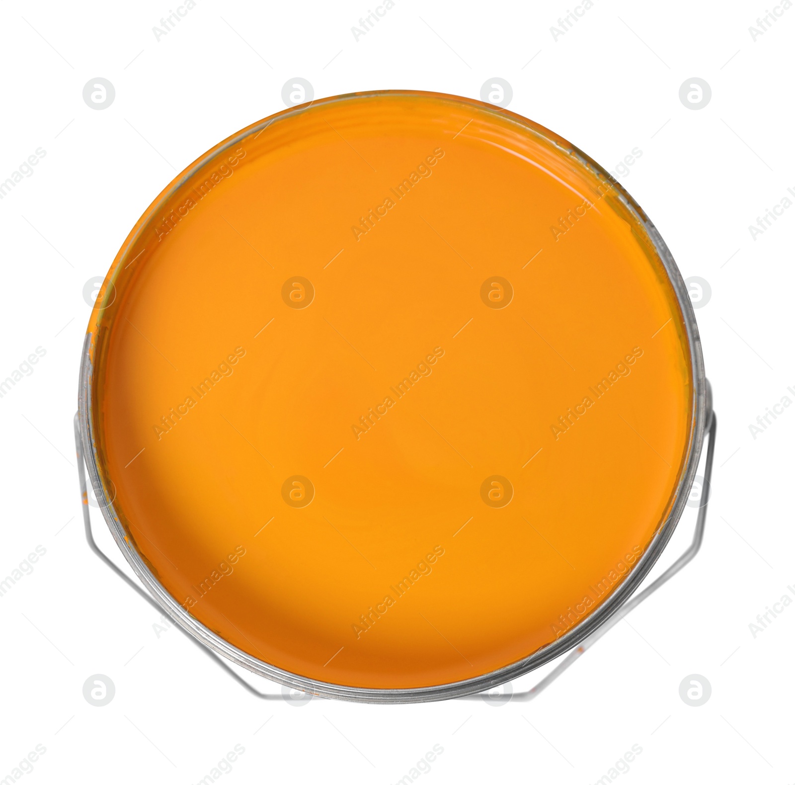 Photo of Bucket with orange paint on white background, top view