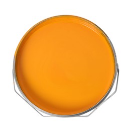 Photo of Bucket with orange paint on white background, top view