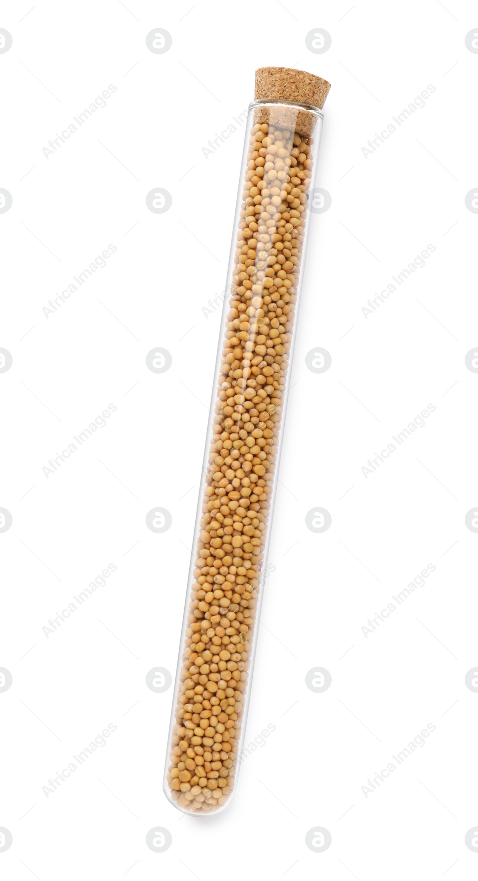 Photo of Glass tube with mustard seeds on white background, top view