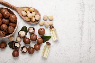 Delicious organic Macadamia nuts and cosmetic oil on light gray table, flat lay. Space for text