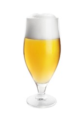 Photo of Glass of tasty light beer on white background