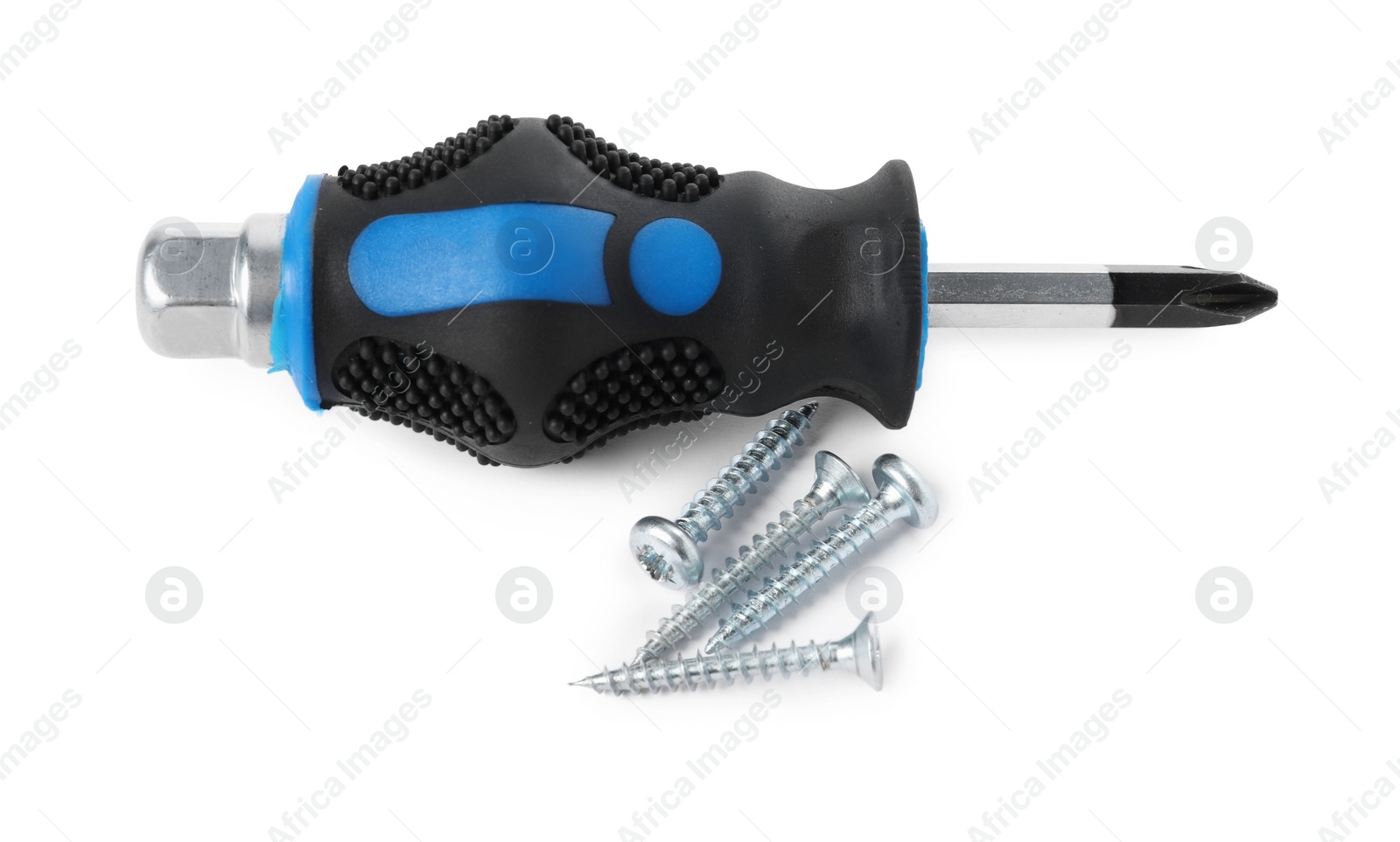 Photo of Screwdriver with black handle and screws isolated on white