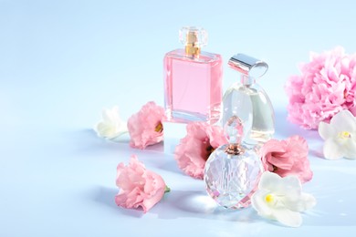 Photo of Bottles of luxury perfumes and floral decor on light blue background. Space for text