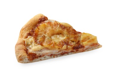 Photo of Piece of delicious pineapple pizza isolated on white