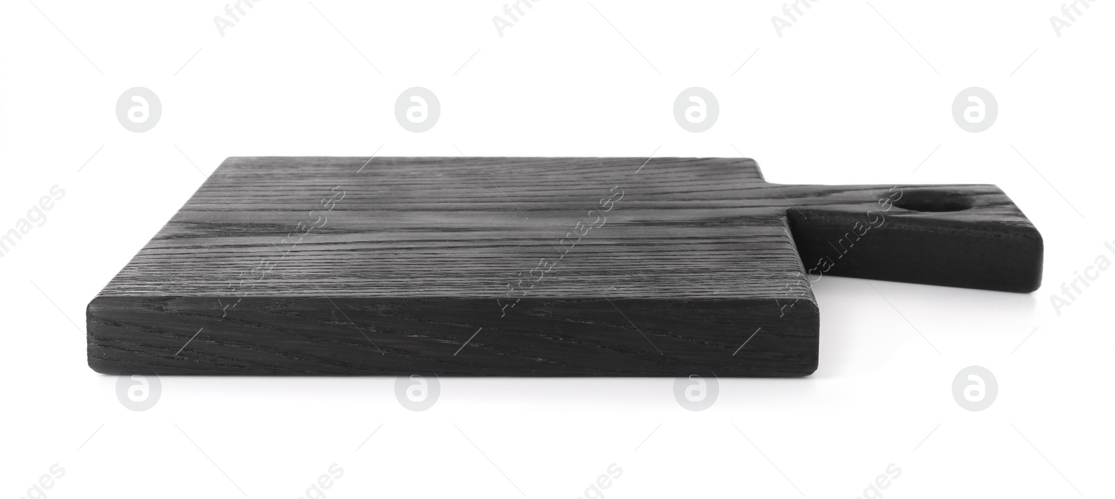 Photo of Black wooden cutting board isolated on white