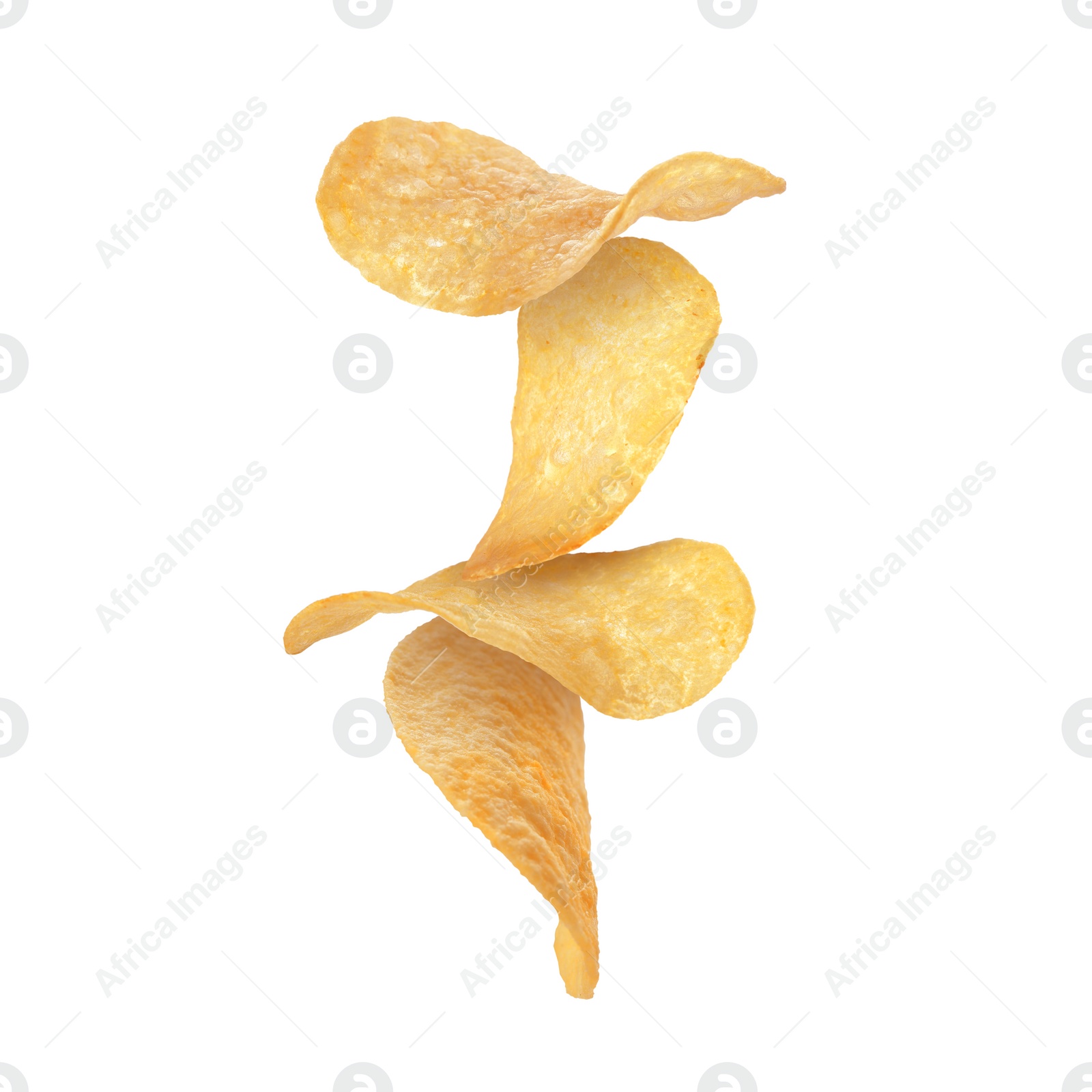 Image of Stack of tasty potato chips falling on white background