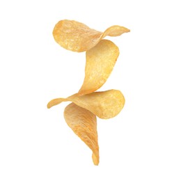 Stack of tasty potato chips falling on white background