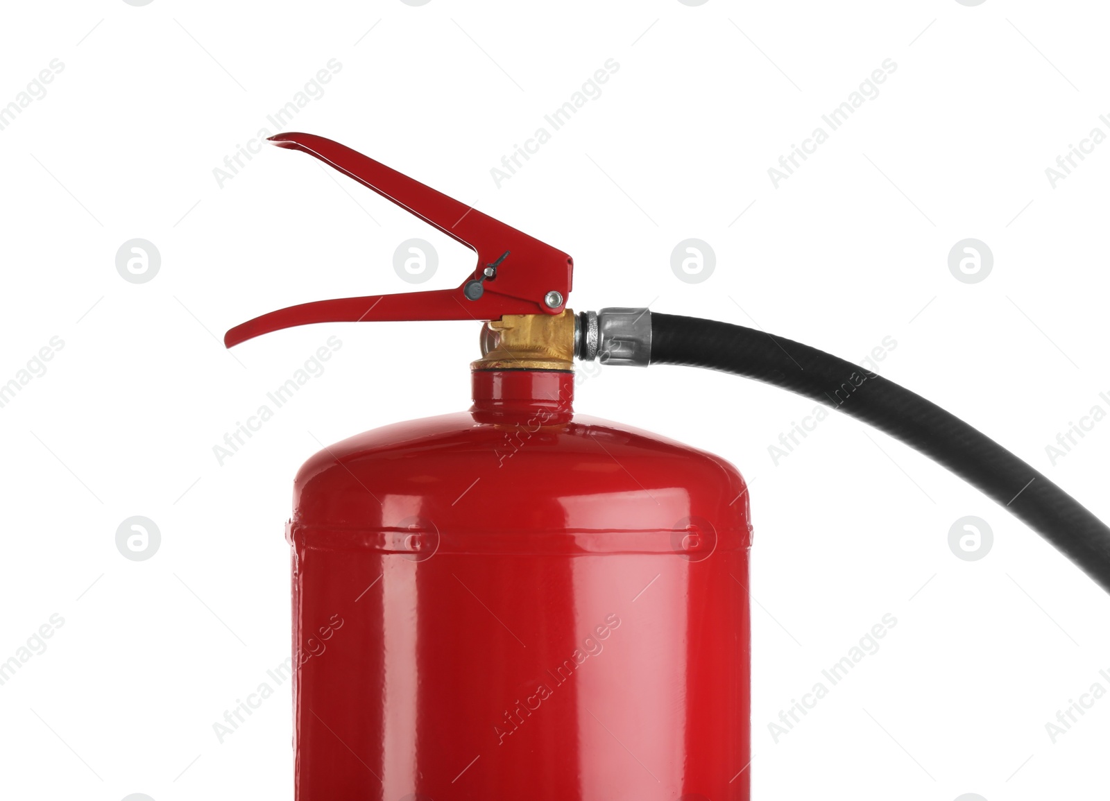 Photo of Fire extinguisher isolated on white, closeup. Safety tool