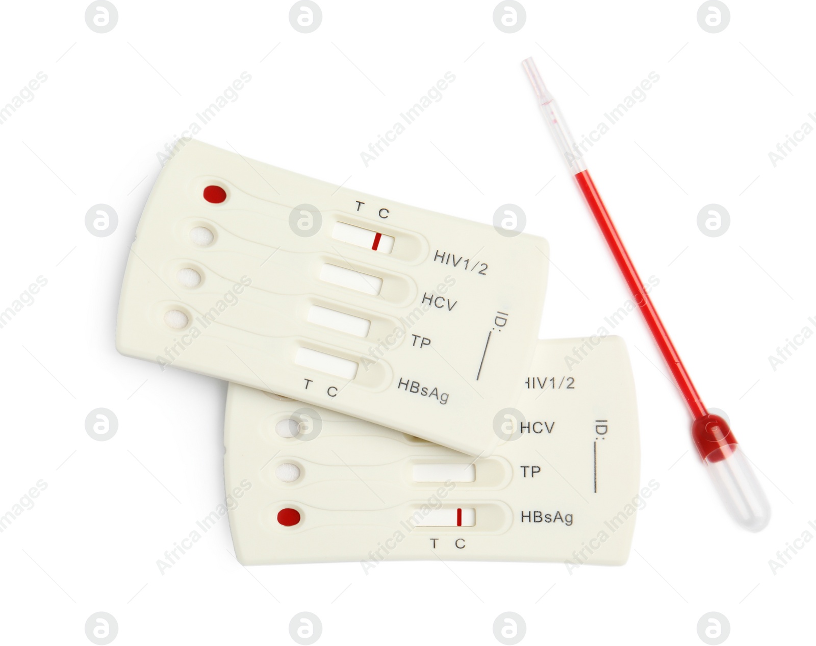 Photo of Disposable express hepatitis test kit on white background, top view