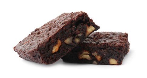 Photo of Delicious brownies with nuts on white background