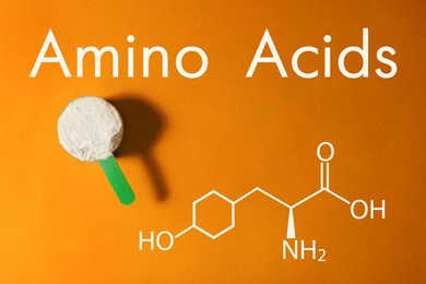 Image of Measuring scoop of amino acids powder on orange background, top view 