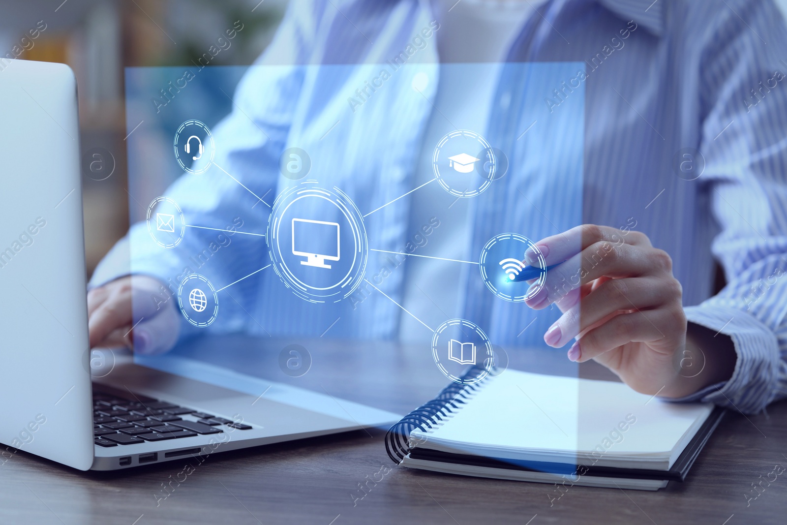 Image of Webinar. Woman using virtual screen over laptop at table, closeup