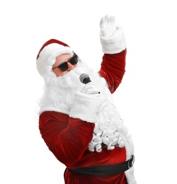 Photo of Santa Claus singing on white background. Christmas music